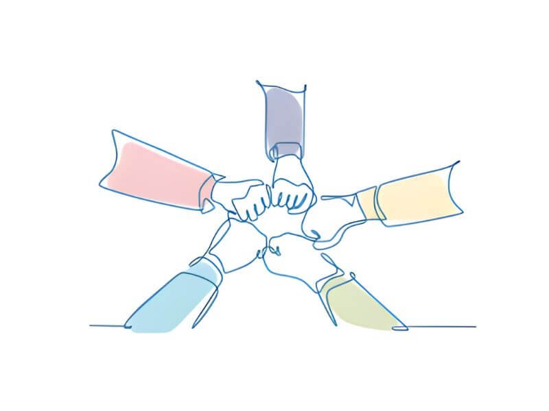 five hands with colourful arms